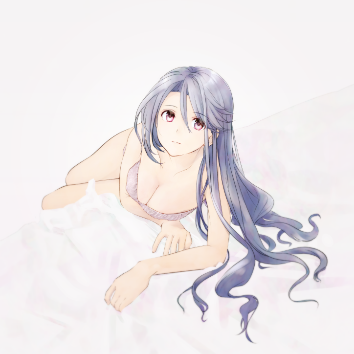 1girl blue_hair bra breasts bu_(urbznd151129) closed_mouth hokuto_mitsuki large_breasts long_hair looking_at_viewer lying pink_eyes solo tokyo_xanadu underwear