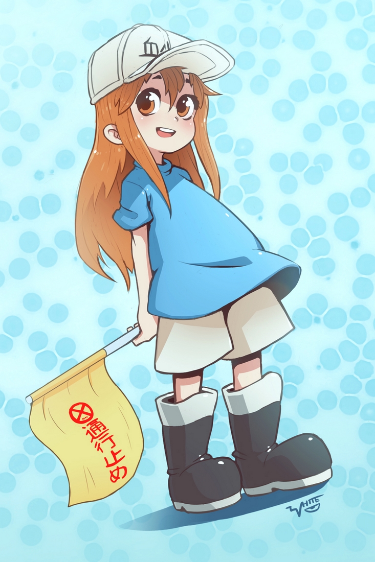 1girl :d artist_name black_footwear blue_background blue_shirt boots brown_eyes flag flat_cap full_body hat hataraku_saibou holding holding_flag long_hair looking_at_viewer open_mouth platelet_(hataraku_saibou) shirt short_sleeves shorts simple_background smile solo specterwhite standing white_headwear