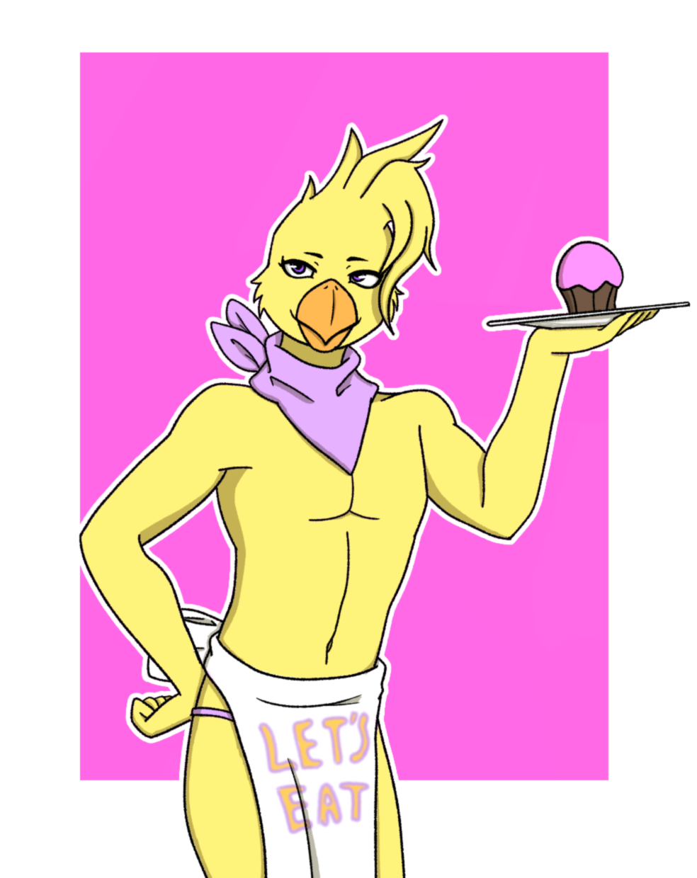 anthro avian bandanna bird chica_(fnaf) chicken cupcake feathers five_nights_at_freddy's food galliform gallus_(genus) girly hi_res holding_object holding_plate kerchief male neckerchief outline phasianid purple_sclera qunteki solo video_games yellow_body yellow_feathers