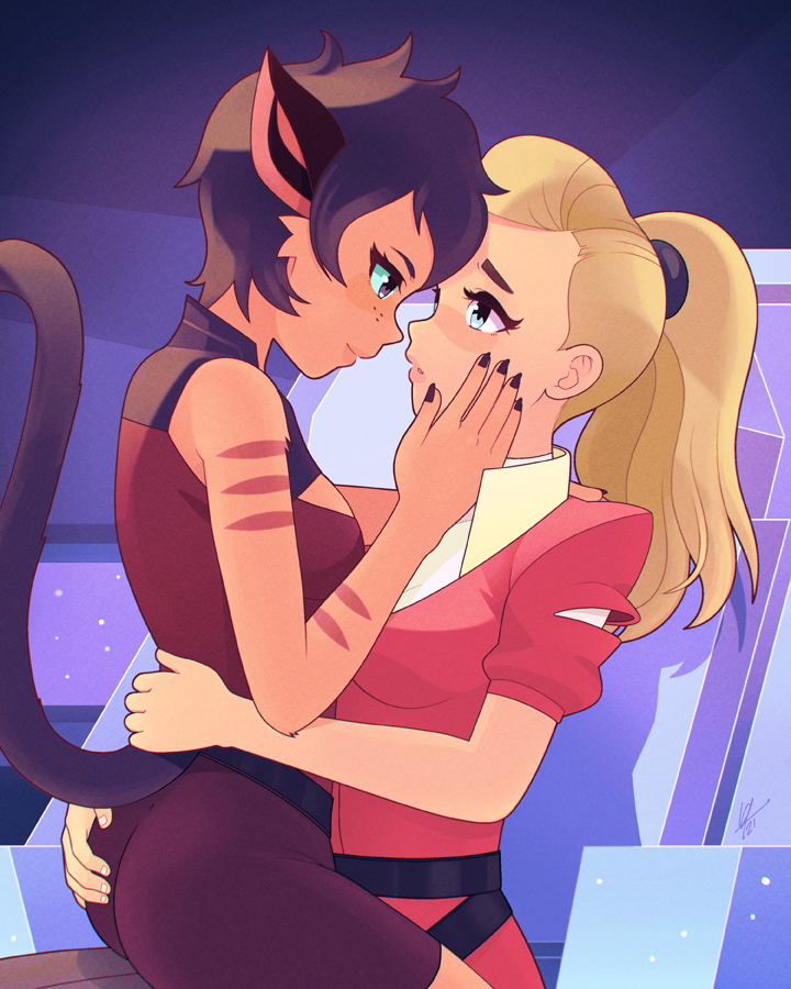 2girls adora_(she-ra) animal_ears arm_around_waist ass ass_grab blonde_hair blue_eyes brown_hair cat_ears cat_girl cat_tail catra eye_contact fingernails freckles green_eyes hand_on_another's_face looking_at_another louis_lloyd-judson masters_of_the_universe multiple_girls ponytail sharp_fingernails she-ra_and_the_princesses_of_power short_hair smile tail very_short_hair yuri
