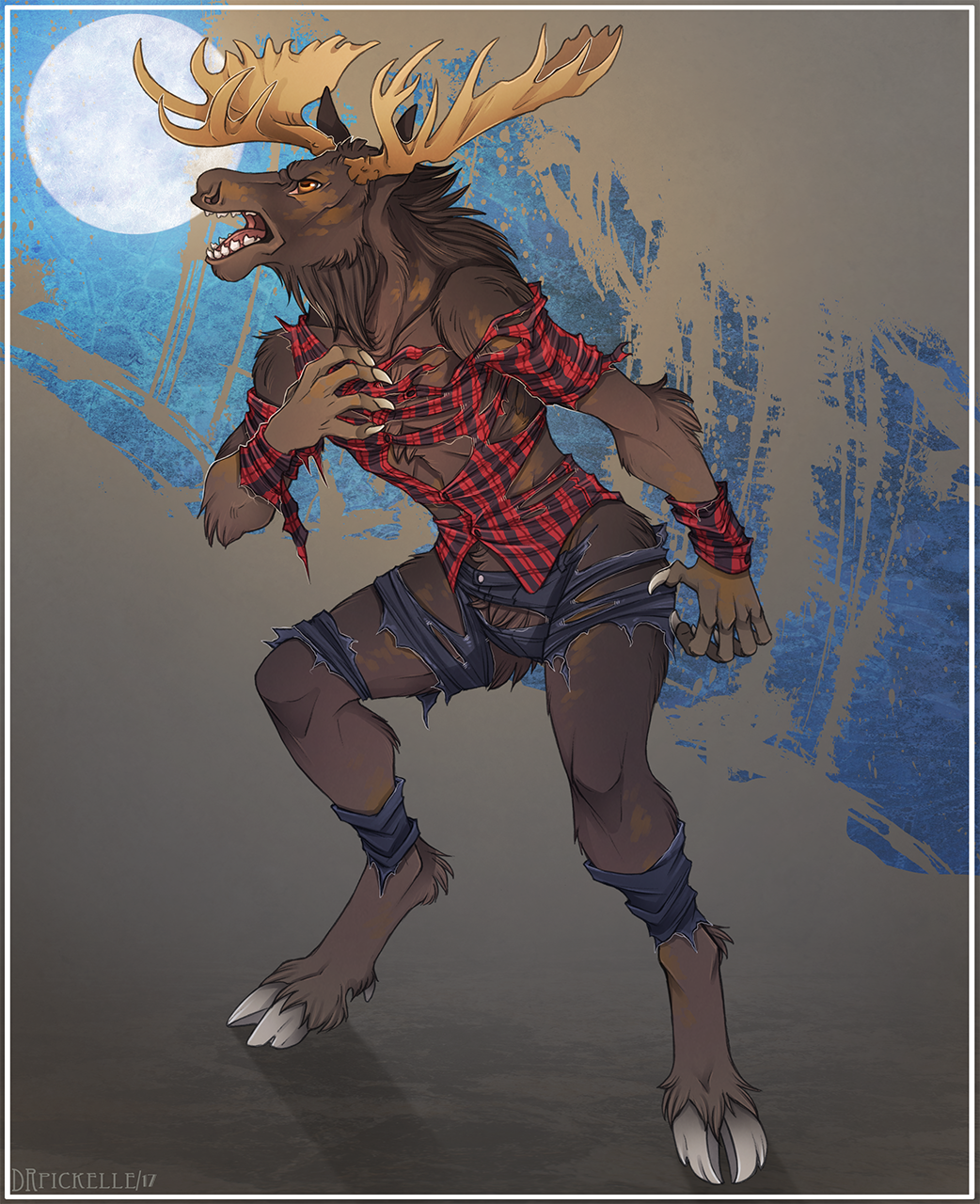 anthro antlers brown_body brown_fur capreoline cervid claws clothing cloven_hooves drpickelle flannel full_moon fur hi_res hooves horn male mammal moon moose night open_mouth solo torn_clothing transformation wardrobe_malfunction were werecervid