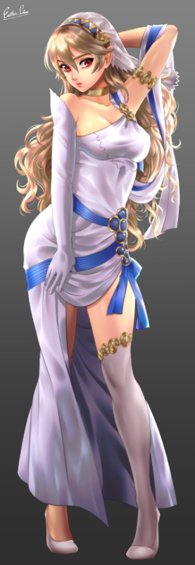 1girl arm_behind_back arm_up asymmetrical_clothes asymmetrical_gloves azura_(fire_emblem) azura_(fire_emblem)_(cosplay) bangs blonde_hair blue_ribbon breasts cleavage collarbone corrin_(fire_emblem) corrin_(fire_emblem)_(female) cosplay dress elbow_gloves esther fire_emblem fire_emblem_fates full_body gloves gradient gradient_background grey_background hair_between_eyes long_hair looking_at_viewer medium_breasts pointy_ears pumps red_eyes ribbon shiny shiny_hair side_slit signature single_glove single_thighhigh solo standing thighhighs veil very_long_hair white_footwear white_gloves white_legwear