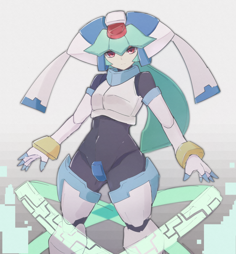 1girl android bodysuit breasts closed_mouth commentary_request green_hair grey_background hair_between_eyes helmet holding humanoid_robot long_hair looking_at_viewer medium_breasts pandora_(rockman) red_eyes rockman rockman_zx serious simple_background solo yonaga