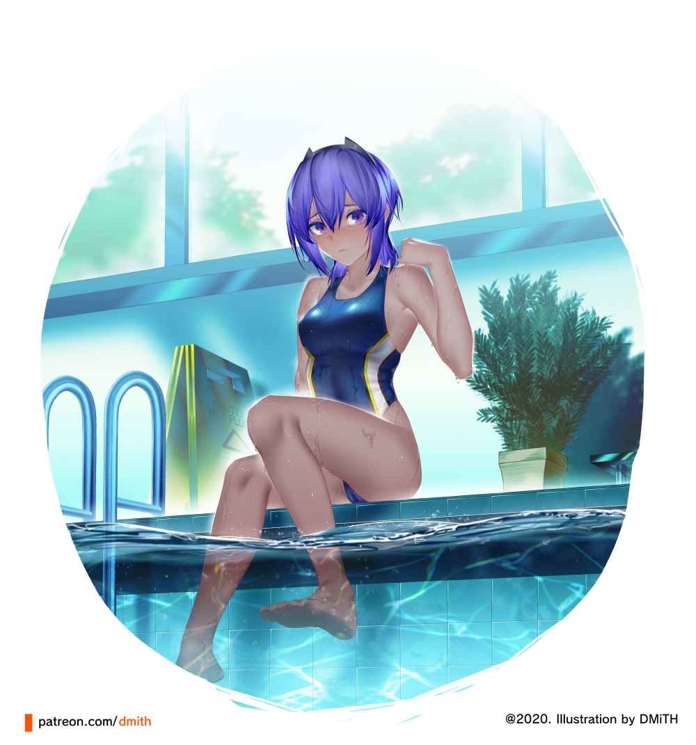 1girl alternate_costume arm_at_side artist_name bangs bare_arms bare_legs bare_shoulders barefoot black_hairband blue_swimsuit blush breasts closed_mouth collarbone competition_swimsuit dark_skin dark_skinned_female dmith eyebrows_visible_through_hair fate/prototype fate/prototype:_fragments_of_blue_and_silver fate_(series) hairband hand_up hassan_of_serenity_(fate) highleg highleg_swimsuit indoors looking_at_viewer medium_breasts one-piece_swimsuit partially_underwater_shot plant pool pool_ladder potted_plant purple_eyes purple_hair revision round_image short_hair sitting soaking_feet solo swimsuit water watermark web_address wet window