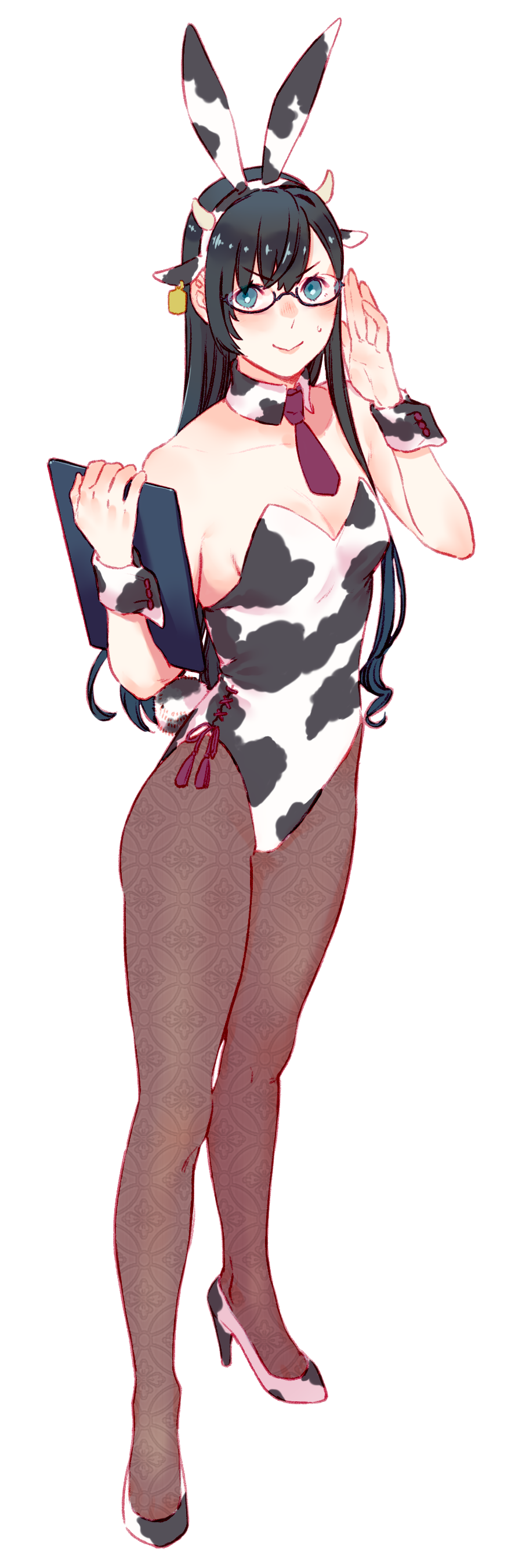 1girl absurdres animal_ears animal_print aqua_eyes black_hair black_legwear breasts bunny_ears bunny_tail clipboard cow_ears cow_horns cow_print detached_collar extra_ears eyebrows_visible_through_hair fake_animal_ears full_body glasses hand_up high_heels highres horns kantai_collection leotard long_hair looking_at_viewer necktie ooyodo_(kantai_collection) pantyhose playboy_bunny red_neckwear semi-rimless_eyewear simple_background small_breasts smile solo strapless strapless_leotard tail under-rim_eyewear uyama_hajime white_background wrist_cuffs