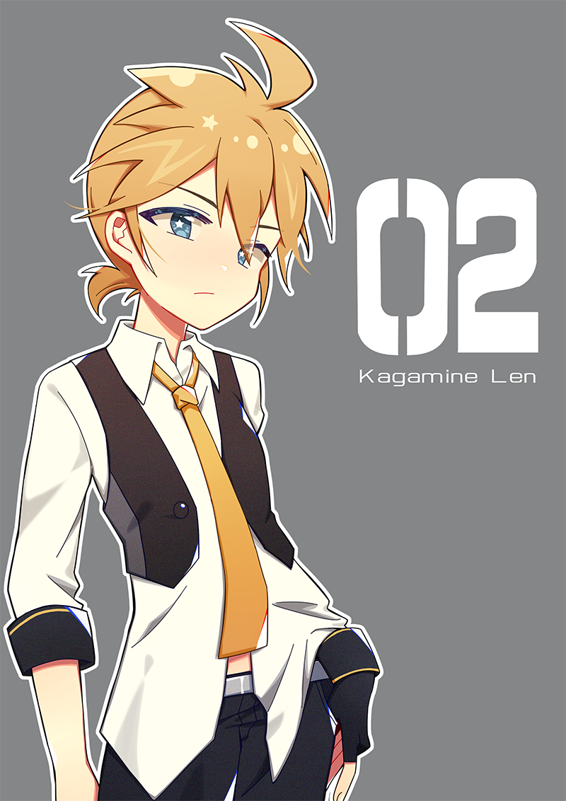:/ ahoge black_jacket blonde_hair blue_eyes blue_moon_(module) character_name commentary jacket kagamine_len kodoku_no_hate_(vocaloid) looking_at_viewer necktie project_diva project_diva_(series) serious shirt short_ponytail sleeveless_blazer solo star-shaped_pupils star_(symbol) symbol-shaped_pupils vocaloid white_shirt yellow_neckwear zimoow