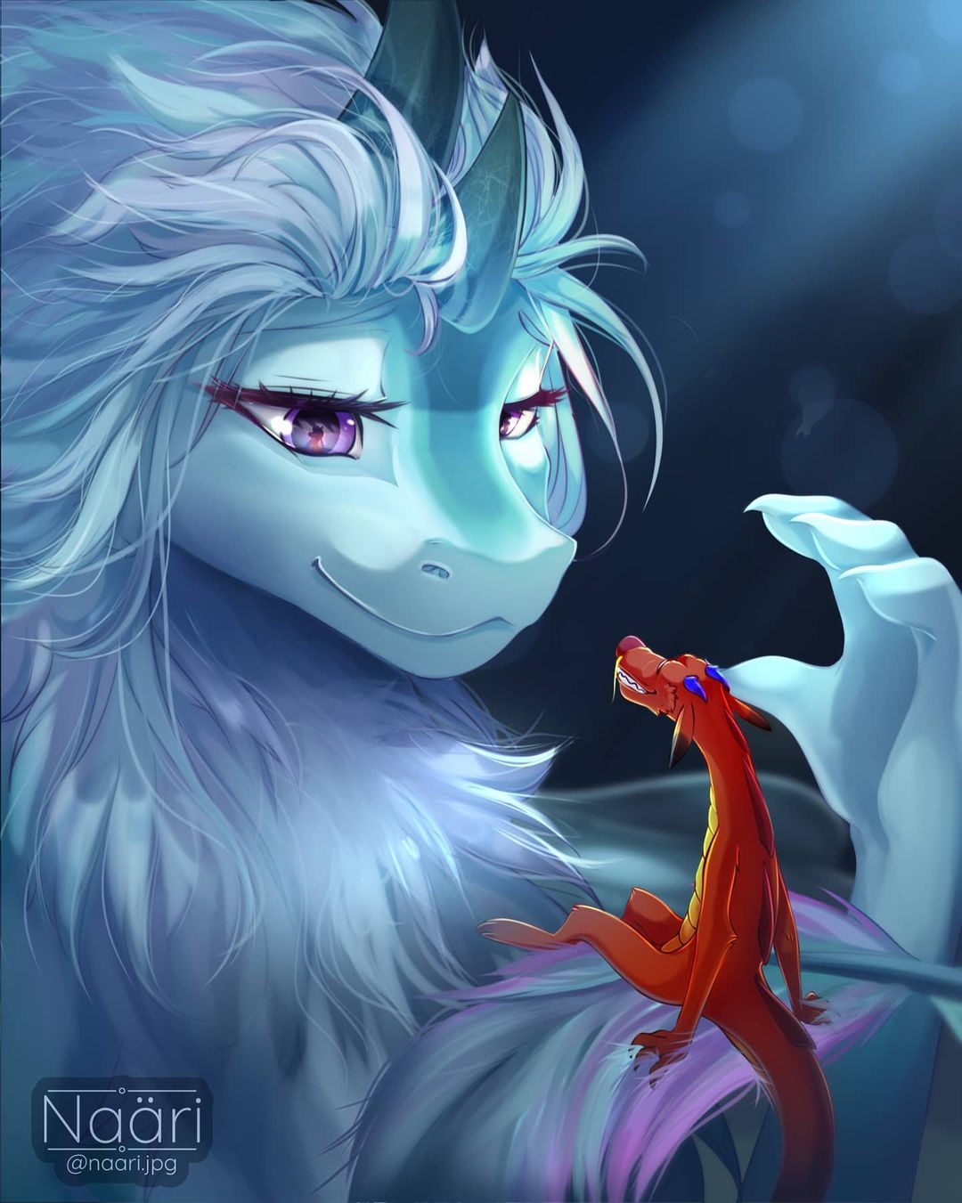 asian_mythology claws disney dragon duo east_asian_mythology eastern_dragon eye_contact female feral finger_claws fur furred_dragon hi_res looking_at_another male male/female mulan_(copyright) mushu mythology naari.jpg purple_eyes reflection sisu_(ratld) size_difference