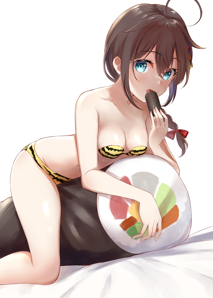 1girl ahoge all_fours animal_print bangs bare_arms bare_shoulders bed_sheet bikini blue_eyes bow braid breasts brown_hair cleavage collarbone commentary_request ehoumaki eyebrows_visible_through_hair food hair_between_eyes hair_bow hair_flaps hair_ornament hair_over_shoulder kantai_collection long_hair looking_at_viewer makizushi mashiro_aa medium_breasts navel print_bikini red_bow shigure_(kantai_collection) simple_background single_braid solo sushi swimsuit tiger_print white_background