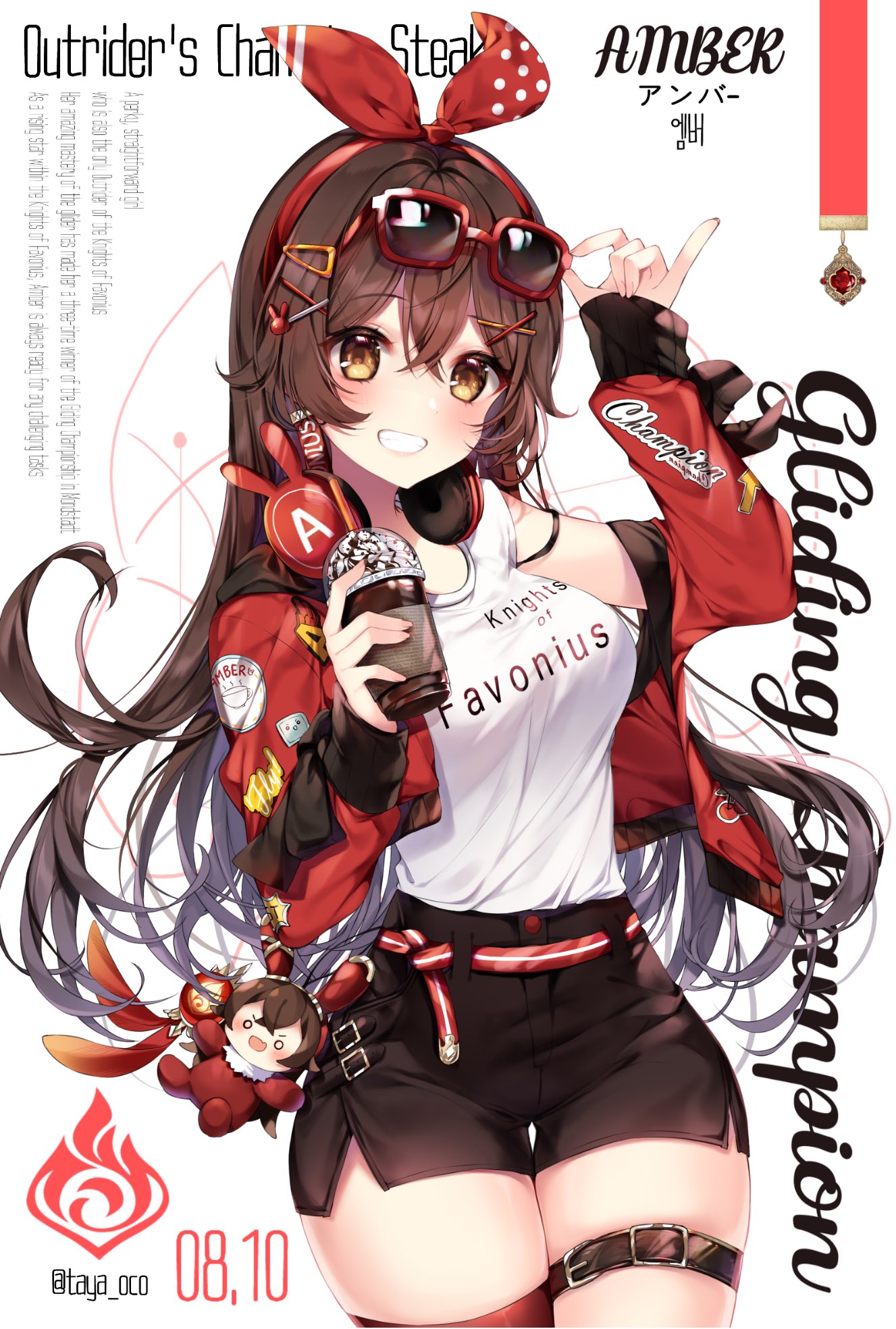 1girl :d adjusting_eyewear alternate_costume amber_(genshin_impact) artist_name asymmetrical_legwear bangs baron_bunny belt breasts brown_eyes brown_hair bunny character_name chocolate cup drinking_straw earrings english_text eyebrows_visible_through_hair eyewear_on_head fingernails genshin_impact hair_between_eyes hair_ornament hair_ribbon hairclip headband headphones headphones_around_neck highres holding holding_cup iced_coffee jacket jewelry lips long_hair long_sleeves looking_at_viewer medium_breasts off_shoulder open_mouth red_ribbon ribbon ribbon_earrings shirt shirt_tucked_in short_shorts shorts skindentation smile solo sunglasses t-shirt taya_5323203 teeth thigh_gap thigh_strap twitter_username upper_body vision_(genshin_impact) whipped_cream x_hair_ornament