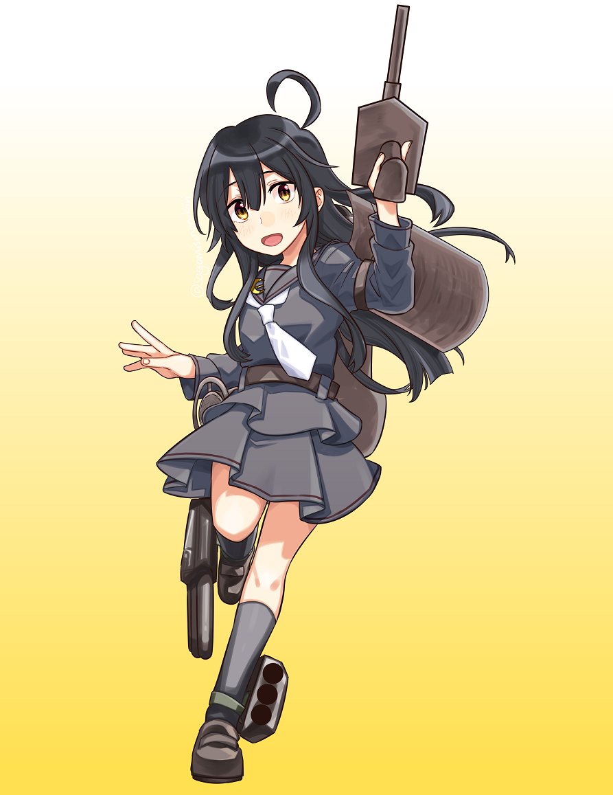 1girl bangs black_hair black_legwear black_serafuku black_skirt crescent gradient gradient_background hair_between_eyes kantai_collection kneehighs long_hair long_sleeves mikazuki_(kantai_collection) open_mouth sagamiso sailor_collar school_uniform serafuku simple_background skirt solo white_neckwear yellow_eyes