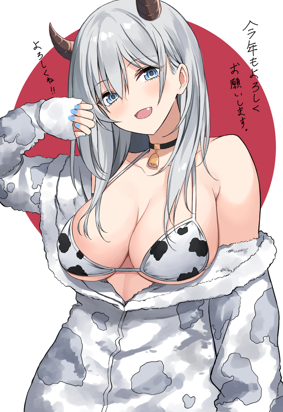 1girl animal_print asato_(fadeless) bell bell_choker blue_nails blush breasts character_request choker cleavage copyright_request cow_print eyebrows_visible_through_hair fang grey_eyes highres horns large_breasts long_hair looking_at_viewer open_mouth silver_eyes smile solo translation_request