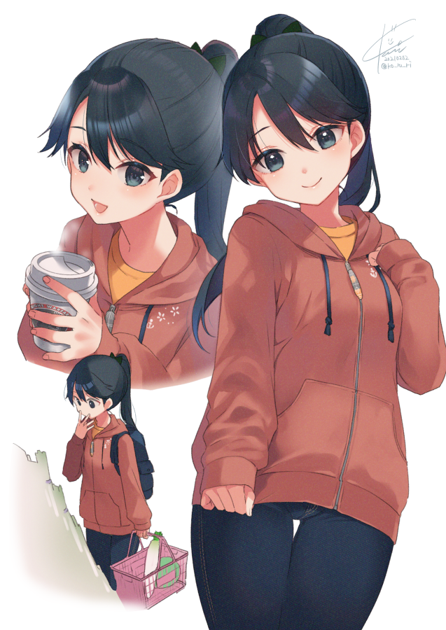 1girl :d alternate_costume backpack bag bangs black_hair blue_eyes blush bow casual closed_mouth coffee_cup commentary cowboy_shot cropped_torso cup dated denim disposable_cup drawstring eyebrows_visible_through_hair green_bow hair_between_eyes hair_bow hand_on_own_face head_tilt high_ponytail holding holding_cup hood hood_down hooded_jacket houshou_(kantai_collection) jacket jeans kantai_collection koruri long_hair long_sleeves looking_at_viewer multiple_views open_mouth pants ponytail red_jacket shopping_basket signature simple_background sleeves_past_wrists smile steam thigh_gap twitter_username white_background zipper_pull_tab