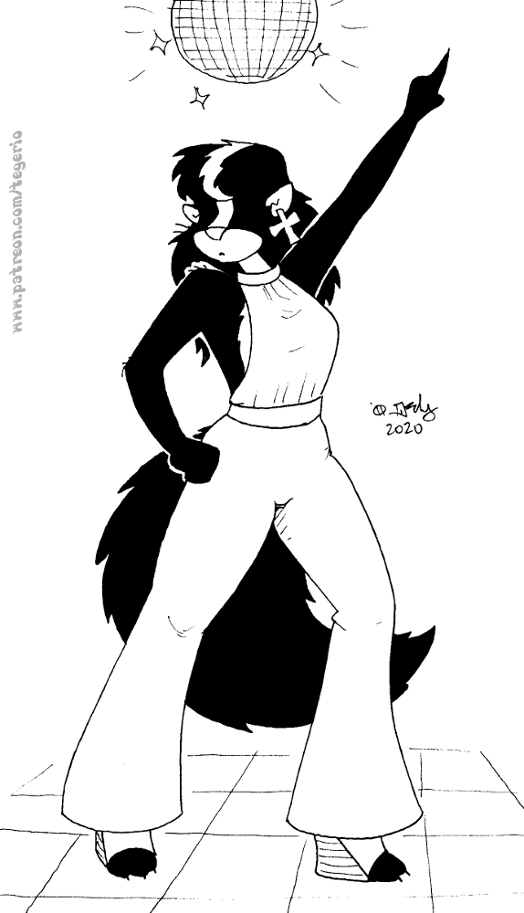 2020 anthro breasts clothed clothing dancing disco disco_ball female mammal mephitid monochrome platform_shoes skunk solo tegerio zandar's_saga zandar_sk&ouml;nk