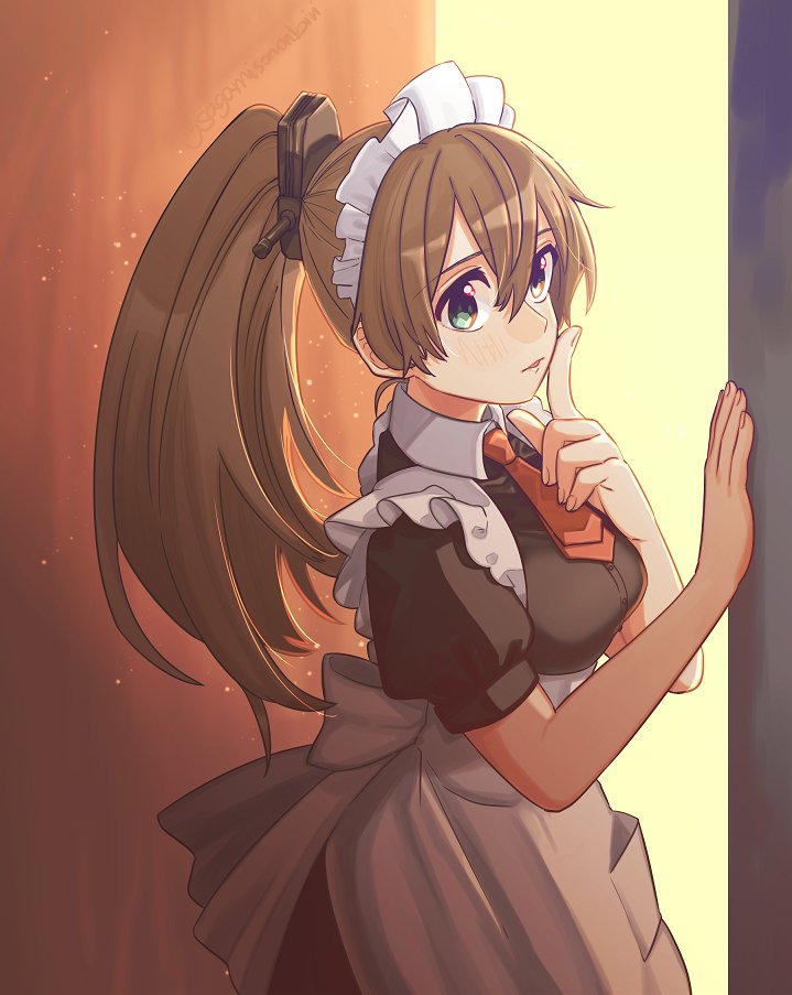 1girl alternate_costume apron ascot black_dress blue_eyes breasts brown_hair dress enmaided frilled_apron frills hair_ornament index_finger_raised kantai_collection kumano_(kantai_collection) lips long_hair maid maid_headdress medium_breasts ponytail red_neckwear sagamiso solo white_apron