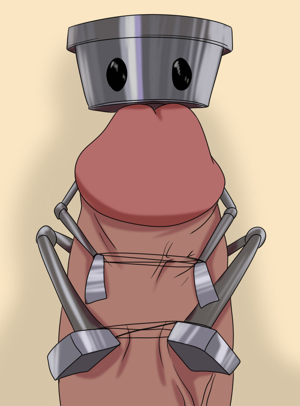 ambiguous_gender black_eyes bound chibi-robo chibi-robo! genitals grey_body grey_skin hi_res human_on_robot inusen machine male metal not_furry penis robot size_difference