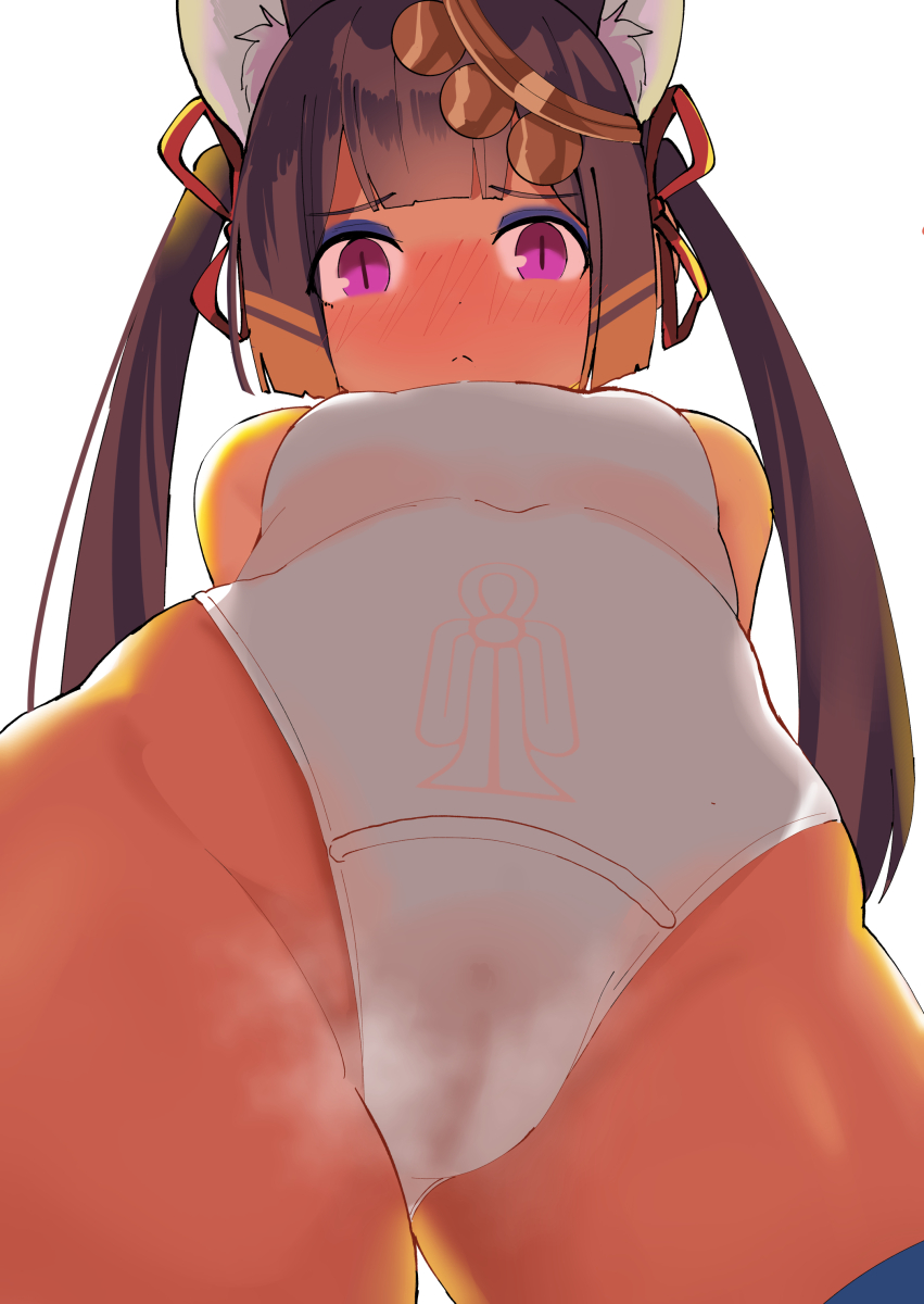 1girl animal_ears bangs black_hair blunt_bangs blush breasts covered_navel dark_skin dark_skinned_female eyebrows_visible_through_hair hair_ornament highres looking_at_viewer one-piece_swimsuit original purple_eyes simple_background slit_pupils solo swimsuit toy_box-r twintails white_background