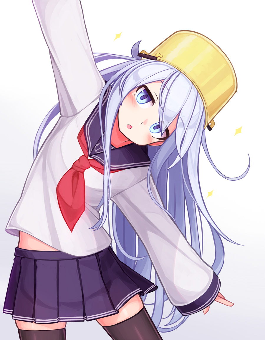 1girl anchor_symbol black_legwear black_sailor_collar black_skirt blue_eyes blush cowboy_shot eyebrows_visible_through_hair hair_between_eyes hibiki_(kantai_collection) kantai_collection long_hair long_sleeves neckerchief open_mouth pleated_skirt red_neckwear reitou_mikan sailor_collar school_uniform serafuku silver_hair skirt solo sparkle thighhighs