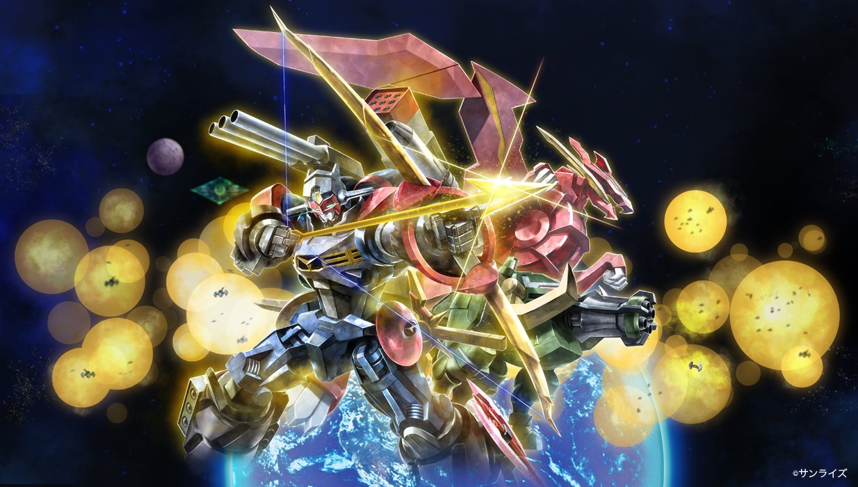 as'maria bow dendou dragon_flare explosion floating gatling_boar gear_senshi_dendou glowing glowing_eyes green_eyes holding holding_bow mecha missile_pod no_humans official_art open_mouth planet science_fiction shoulder_cannon space super_robot
