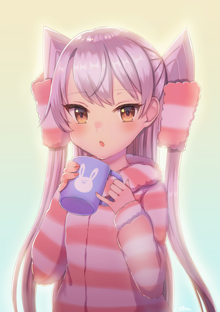 1girl :o alternate_costume amatsukaze_(kantai_collection) bangs blush brown_eyes cup eyebrows_visible_through_hair gradient gradient_background hair_tubes holding holding_cup jacket kantai_collection long_hair long_sleeves mug open_mouth pajamas silica_(silica_silylate) silver_hair simple_background solo striped striped_jacket two_side_up upper_body