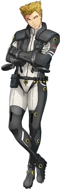 1boy belt bodysuit brown_eyes brown_hair crossed_arms gloves head_tilt looking_to_the_side official_art pilot_suit shaded_face solo standing super_robot_wars super_robot_wars_x-omega utility_belt watanabe_wataru_(character_designer) ziggy_star