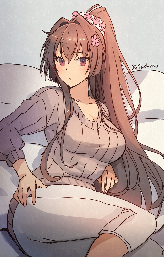 1girl blush breasts brown_eyes brown_hair brown_sweater cleavage collarbone eyebrows_visible_through_hair flower hair_between_eyes hair_flower hair_ornament kantai_collection kasumi_(skchkko) large_breasts long_hair long_sleeves pants parted_lips pink_flower ponytail ribbed_sweater solo sweater twitter_username very_long_hair white_pants yamato_(kantai_collection)