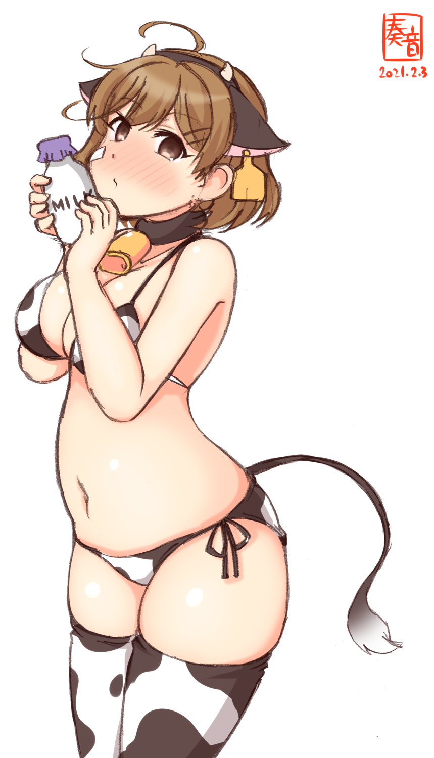 1girl alternate_costume animal_print artist_logo bandaid bandaid_on_face bikini blush bottle breasts brown_eyes brown_hair cleavage commentary_request cow_print cowboy_shot dated highres kanon_(kurogane_knights) kantai_collection looking_at_viewer medium_breasts milk_bottle oboro_(kantai_collection) short_hair side-tie_bikini simple_background solo standing swimsuit thighhighs white_background white_bikini white_legwear