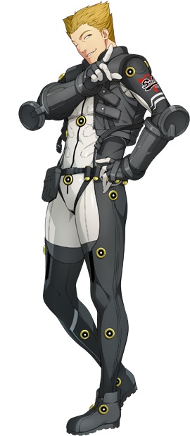 1boy belt bodysuit brown_eyes brown_hair gloves hair_behind_ear hand_on_hip male_focus official_art pilot_suit pointing solo standing super_robot_wars super_robot_wars_x-omega utility_belt watanabe_wataru_(character_designer) ziggy_star