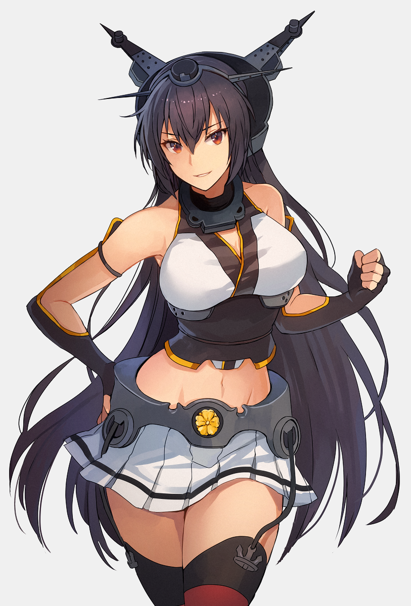 1girl black_gloves black_hair black_legwear breasts cowboy_shot elbow_gloves fingerless_gloves gloves grey_background hair_between_eyes hand_on_hip headgear highres kantai_collection kasumi_(skchkko) large_breasts long_hair looking_at_viewer midriff miniskirt nagato_(kantai_collection) navel pleated_skirt red_eyes shirt simple_background skirt sleeveless sleeveless_shirt smile solo thighhighs white_shirt white_skirt