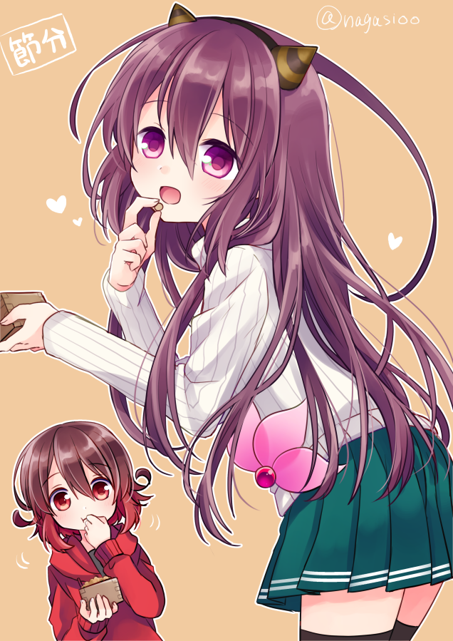 2girls :d black_legwear blush brown_background brown_hair eyebrows_visible_through_hair fake_horns green_skirt hair_between_eyes heart holding hood hoodie horns kantai_collection kisaragi_(kantai_collection) long_hair long_sleeves masu motion_lines multiple_girls mutsuki_(kantai_collection) nagasioo oni_horns open_mouth pleated_skirt purple_eyes purple_hair red_eyes red_hoodie setsubun short_hair simple_background skirt smile sweater thighhighs twitter_username white_sweater