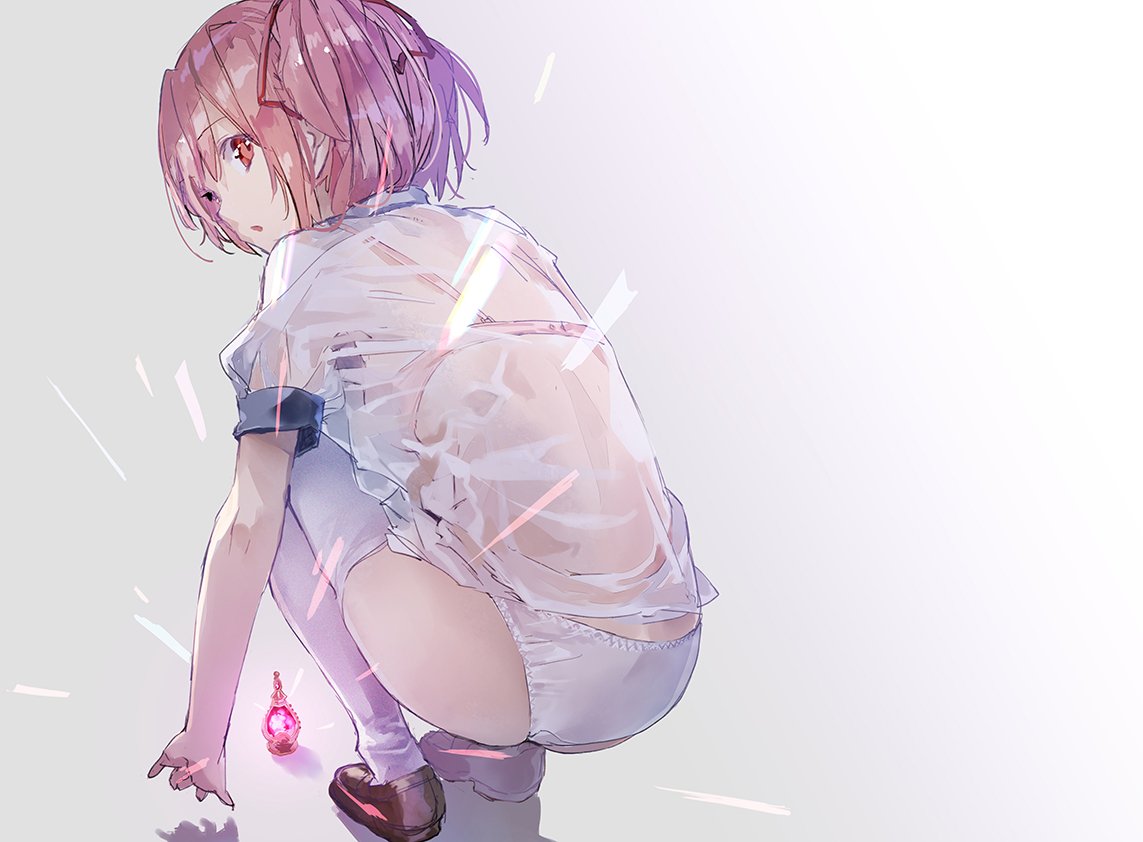 1girl ass back breasts brown_footwear collared_shirt expressionless eyebrows_visible_through_hair from_behind full_body glowing gradient gradient_background grey_background hair_ribbon kaname_madoka kneeling legs_together light_rays loafers looking_at_viewer looking_back mahou_shoujo_madoka_magica no_pants outstretched_arm panties parted_lips pink_eyes pink_hair puffy_short_sleeves puffy_sleeves red_ribbon ribbon see-through shadow shiny shiny_hair shirt shoes short_sleeves sideboob simple_background skindentation small_breasts solo soul_gem tareme thighhighs thighs twintails underwear white_background white_legwear white_panties white_shirt yuugen