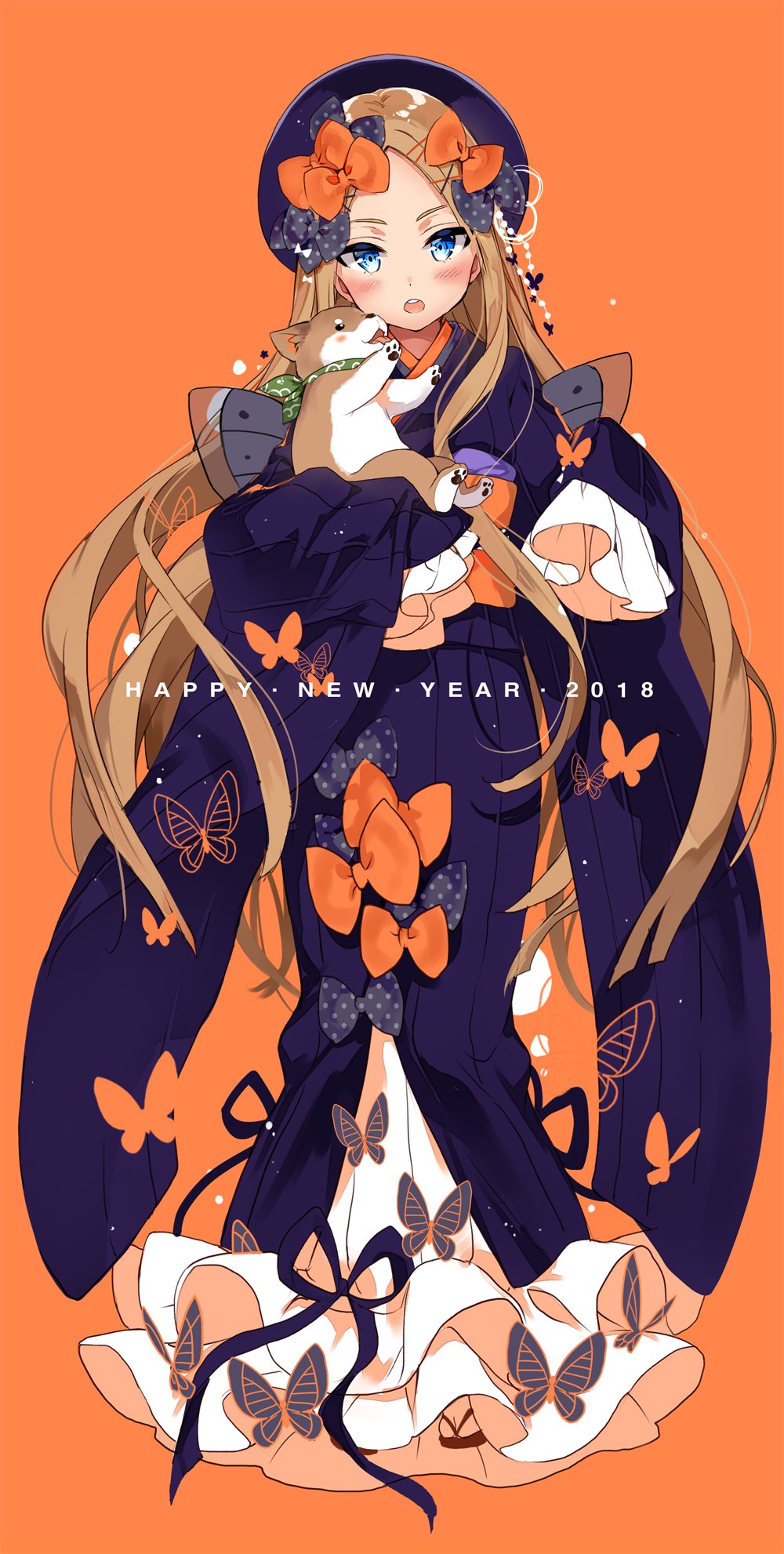 1girl 2018 abigail_williams_(fate) animal beret black_bow black_headwear blue_eyes blush bow brown_hair butterfly_ornament chinese_zodiac commentary dog dress english_text fate/grand_order fate_(series) full_body hair_ornament hairclip happy_new_year hat hat_bow highres holding holding_animal hoshii_hisa long_dress long_hair long_sleeves looking_at_viewer new_year obi open_mouth orange_background orange_bow orange_theme sandals sash sleeves_past_fingers sleeves_past_wrists smile solo standing very_long_hair wide_sleeves year_of_the_dog