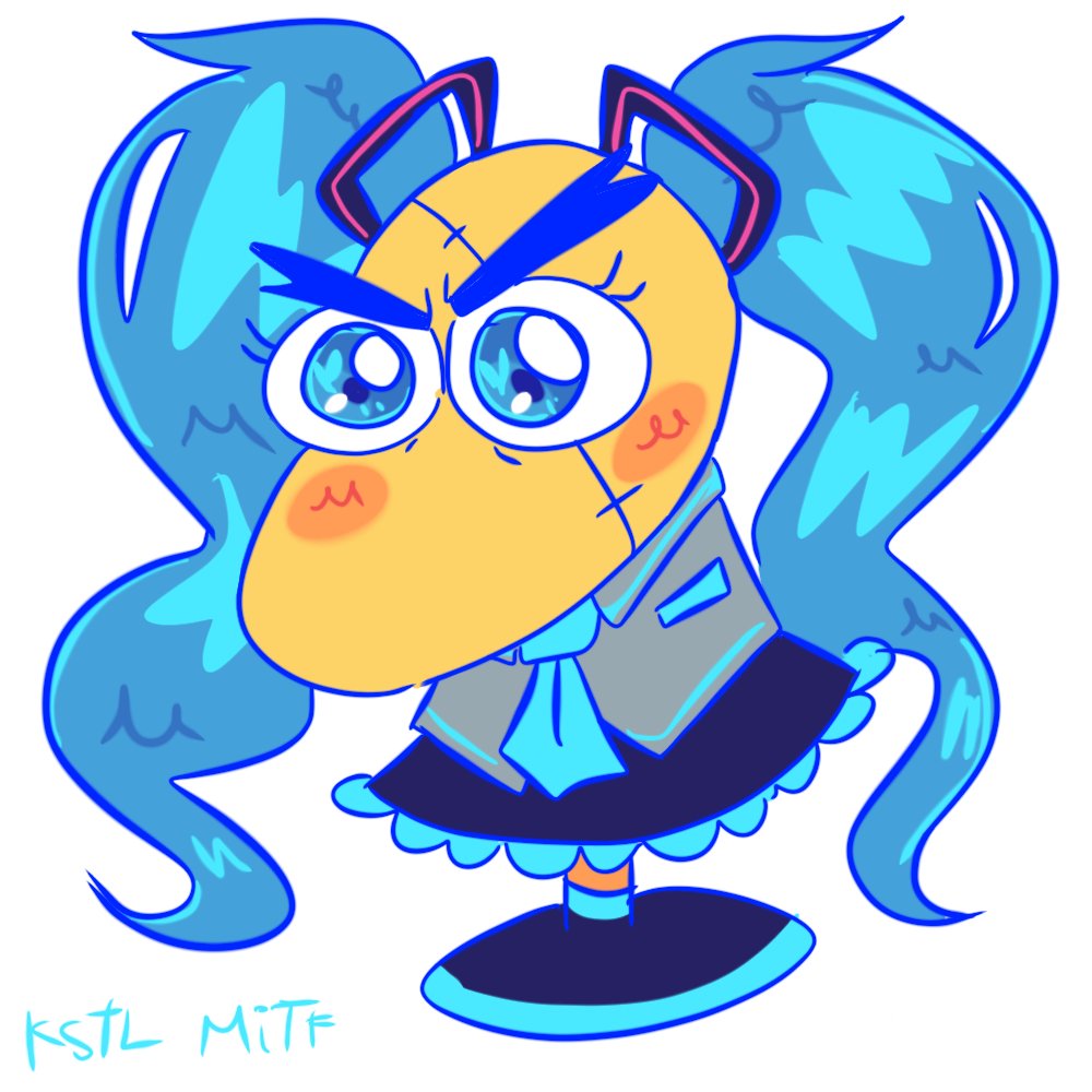 1:1 ambiguous_gender animate_inanimate big_eyes blue_eyes blue_hair blush bottomwear clothing cosplay english_text hair hatsune_miku kstl_mitf long_hair mad_dummy mouthless necktie not_furry pigtails signature simple_background skirt text topwear undertale vest video_games vocaloid