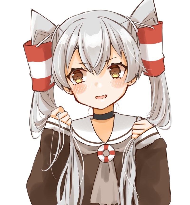 1girl alternate_hairstyle amatsukaze_(kantai_collection) brown_dress brown_eyes brown_neckwear cocoperino dress fang hair_tubes kantai_collection long_hair neckerchief sailor_collar sailor_dress sideways_glance silver_hair simple_background skin_fang sleeves_past_wrists solo upper_body white_background white_sailor_collar windsock