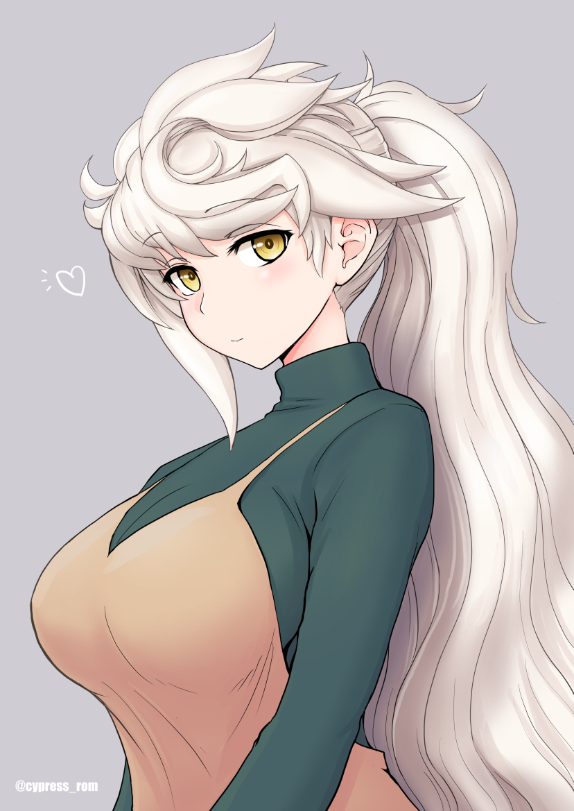 1girl alternate_costume alternate_hairstyle beige_dress breasts cosplay cypress green_shirt kantai_collection large_breasts long_hair long_sleeves ponytail shirt silver_hair solo souryuu_(kantai_collection) souryuu_(kantai_collection)_(cosplay) unryuu_(kantai_collection) upper_body very_long_hair wavy_hair yellow_eyes