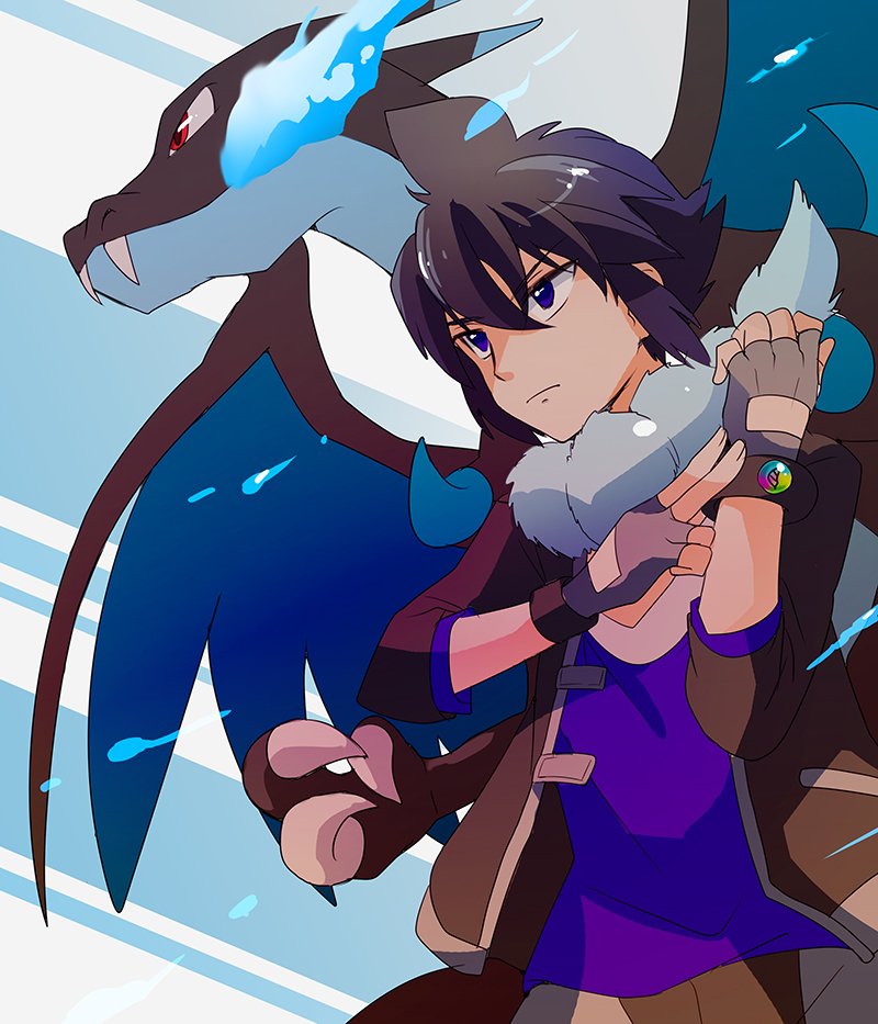 1boy alain_(pokemon) bangs black_hair charizard closed_mouth commentary_request fingerless_gloves gen_1_pokemon gloves grey_gloves grey_scarf hair_between_eyes hands_up jacket male_focus mega_charizard_x mega_pokemon open_clothes open_jacket pokemon pokemon_(anime) pokemon_(creature) pokemon_xy_(anime) popcorn_91 purple_shirt scarf shirt sleeves_past_elbows