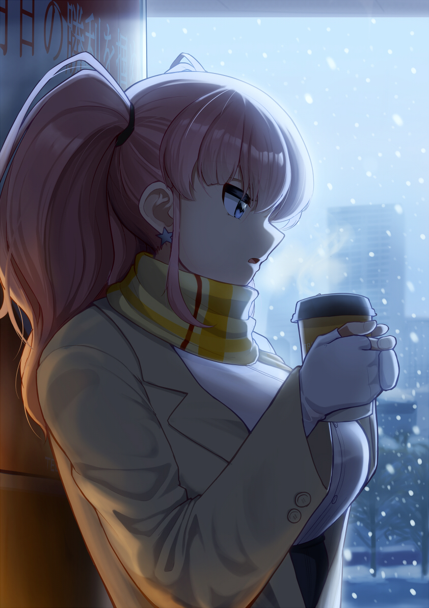 1girl atlanta_(kantai_collection) blue_eyes breasts brown_hair coat coffee_cup cup disposable_cup earrings from_side gloves hair_between_eyes holding holding_cup jewelry kantai_collection large_breasts long_hair long_sleeves maku_ro open_mouth partially_fingerless_gloves scarf solo star_(symbol) star_earrings translation_request two_side_up upper_body white_gloves