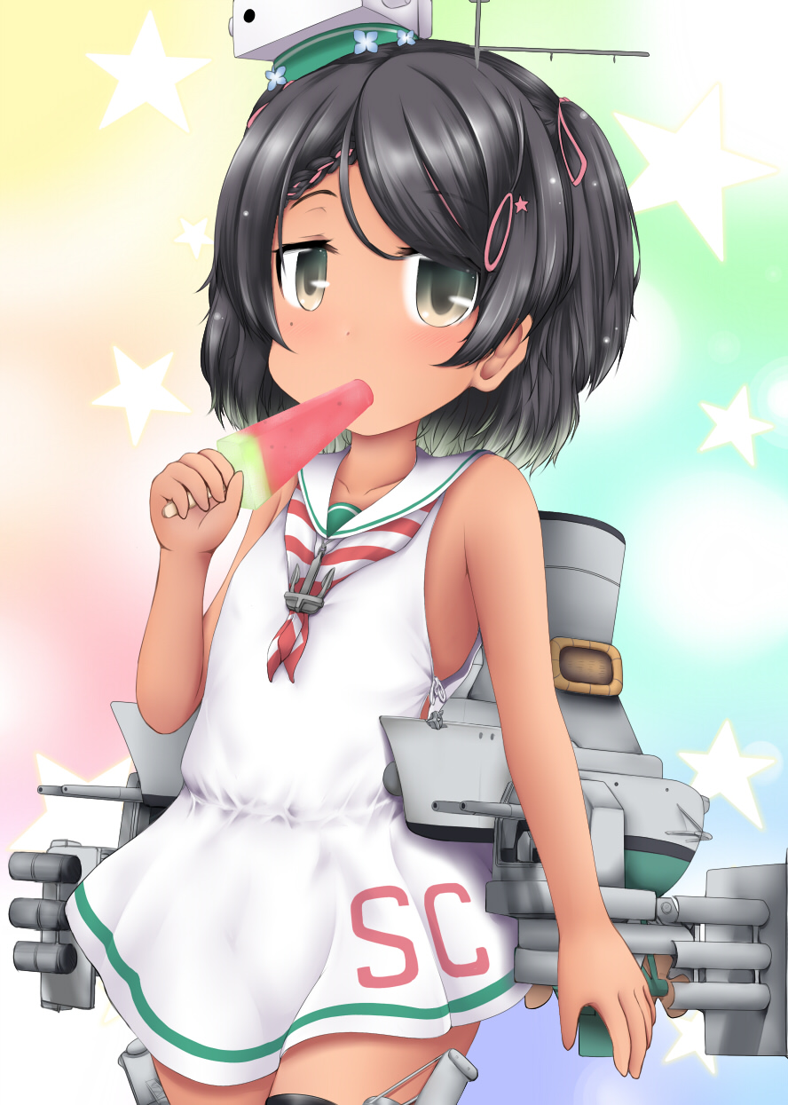1girl anchor_ornament black_eyes black_hair braid cannon clothes_writing commentary_request cowboy_shot dress food highres kantai_collection looking_at_viewer low-cut_armhole mole mole_under_eye neckerchief ouno_(nounai_disintegration) popsicle sailor_collar sailor_dress scirocco_(kantai_collection) short_hair sleeveless sleeveless_dress smokestack solo striped striped_neckwear tan turret two_side_up watermelon_bar white_sailor_collar