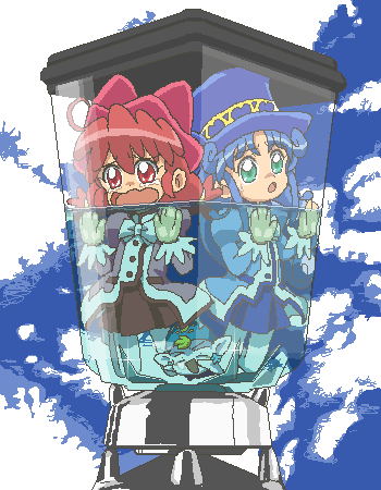 2girls ahoge aqua_eyes blue_dress blue_hair blue_skirt blue_sky bow character_request cloud commentary creature dress english_commentary fine frilled_sleeves frills fushigiboshi_no_futago_hime gloves hair_bow hat in_container kasuga_(kasuga39) kneeling long_hair long_sleeves lowres multiple_girls oekaki open_mouth outdoors panicking pink_bow pink_dress pleated_skirt poomo red_eyes red_hair red_skirt rein scared skirt sky sweatdrop tears top_hat very_long_hair wavy_mouth white_bow white_gloves