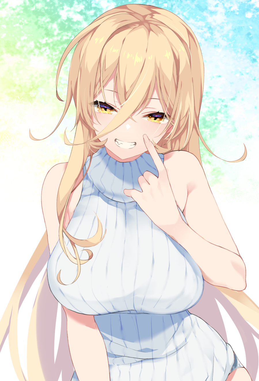 1girl ariko_youichi bare_arms blonde_hair breasts commentary crossed_bangs fang grin hair_between_eyes half-closed_eyes hand_up highres large_breasts light_blush long_hair looking_at_viewer messy_hair nijisanji nui_sociere pinky_out ribbed_sweater simple_background smile solo straight-on sweater turtleneck turtleneck_sweater very_long_hair virtual_youtuber white_sweater yellow_eyes
