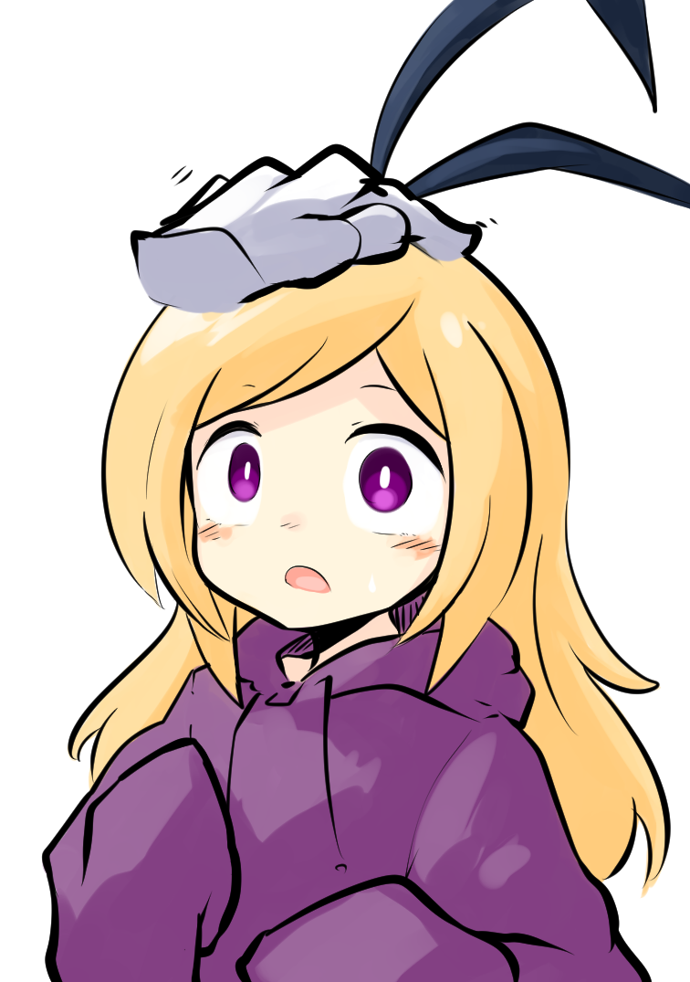 1girl akagami_(feat_akagami) blonde_hair blush bow_hairband bright_pupils disembodied_limb drawstring hairband headpat hood hood_down hoodie long_hair long_sleeves monster_strike open_mouth pandora_(monster_strike) purple_eyes purple_hoodie simple_background sleeves_past_wrists solo_focus upper_body white_background white_pupils