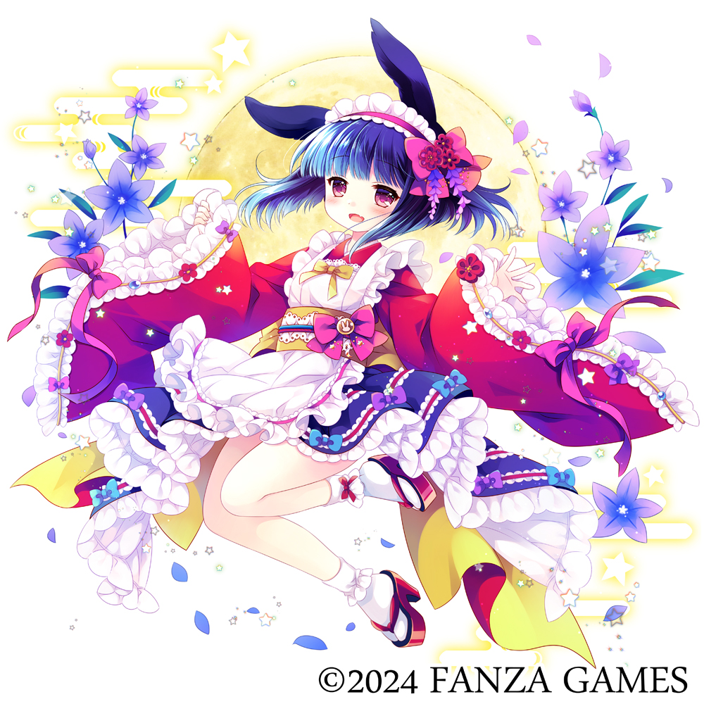 1girl :d animal_ears apron blue_bow blue_flower blue_hair blue_skirt bow character_request commentary_request egasumi fang flower frilled_apron frilled_hairband frilled_skirt frilled_sleeves frills full_body hairband high_heels japanese_clothes kimono knees_together_feet_apart long_hair long_sleeves looking_at_viewer maid_apron meshiya_girls official_art petals pink_bow purple_bow purple_hairband red_eyes red_footwear red_kimono sakurazawa_izumi skirt sleeves_past_wrists smile socks solo white_apron white_socks wide_sleeves zouri