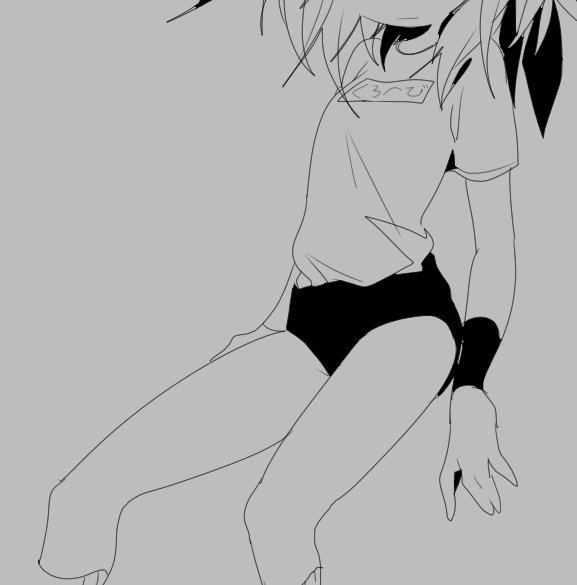 1girl breasts buruma chinese_commentary closed_mouth commentary_request genderswap genderswap_(otf) greyscale gym_shirt gym_uniform head_out_of_frame kurohebi len'en ling_s medium_hair monochrome shirt simple_background sketch small_breasts solo white_background wristband