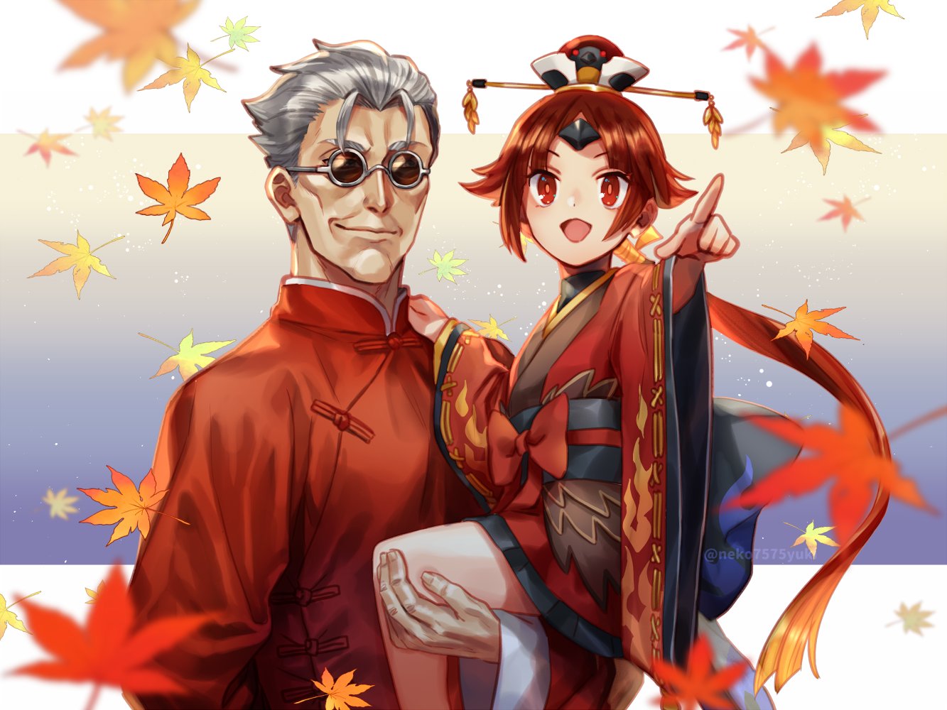 1boy 1girl bangs benienma_(fate) bird_hat brown_headwear carrying commentary_request fate/grand_order fate_(series) feather_trim grey_hair hat japanese_clothes kimono leaf li_shuwen_(fate/grand_order) long_hair long_sleeves low_ponytail maple_leaf neko7575yuki open_mouth parted_bangs pointing red_eyes red_hair smile sunglasses twitter_username wide_sleeves