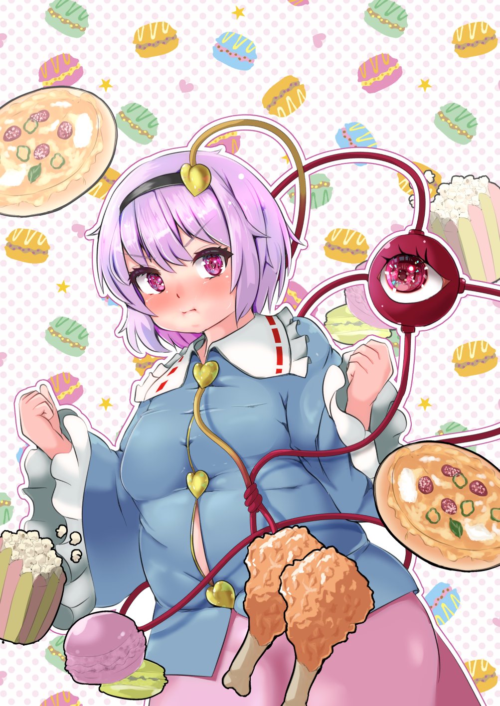 1girl alternate_body_size black_hairband blue_shirt blush border breasts buttons chicken_leg clenched_hands closed_mouth commentary_request cowboy_shot eyeball food fried_chicken frilled_shirt_collar frilled_sleeves frills hair_between_eyes hairband heart heart_button highres komeiji_satori long_sleeves looking_at_viewer macaron medium_hair navel nerizou outline pink_background pink_eyes pink_skirt pizza plump polka_dot polka_dot_background popcorn purple_hair purple_outline red_eyes ribbon-trimmed_collar ribbon_trim shirt skirt solo star_(symbol) third_eye touhou white_background white_border wide_sleeves