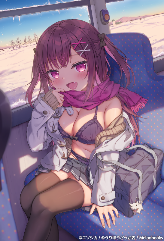 1girl bag bag_charm bare_tree black_bow black_skirt black_thighhighs blush bow bow_bra bow_panties bra breasts brown_cardigan bus_interior cardigan charm_(object) coat day duffel_coat ezoshika fang groin hair_bow hand_up icicle long_hair looking_at_viewer medium_breasts navel open_clothes open_mouth original panties pleated_skirt public_indecency purple_bra purple_eyes purple_hair purple_panties purple_scarf scarf shoulder_bag sitting skirt snow solo thighhighs toggles tree two_side_up underwear vehicle_interior white_coat window winter winter_clothes