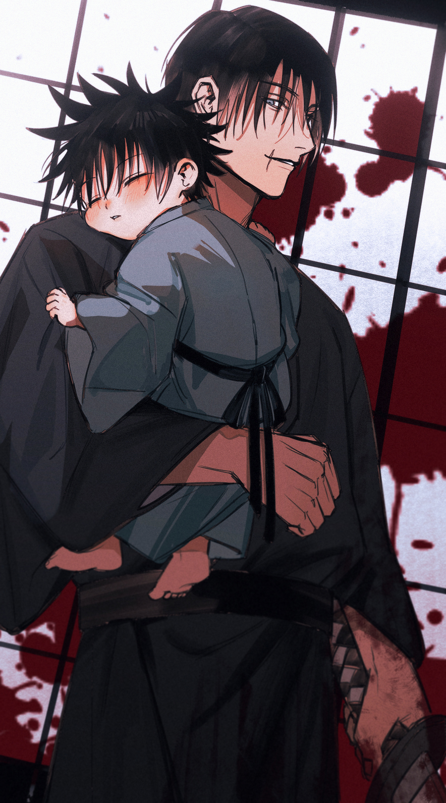 2boys aged_down belt black_belt black_hair black_kimono blood blood_on_hands blood_splatter closed_eyes father_and_son fushiguro_megumi fushiguro_touji grey_eyes grey_kimono highres holding holding_sword holding_weapon japanese_clothes jujutsu_kaisen kimono long_sleeves looking_at_viewer male_focus multiple_boys parted_lips scar scar_on_face short_hair siveryfoku smile sword weapon wide_sleeves