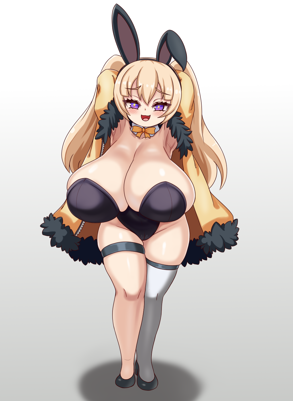 +_+ 1girl alternate_breast_size alternate_costume animal_ears armpits arms_up azur_lane bache_(azur_lane) black_leotard blonde_hair blush bow bowtie breasts cleavage detached_collar fake_animal_ears highres huge_breasts jacket leotard long_hair nav_(itsnav) open_clothes open_jacket open_mouth playboy_bunny plump purple_eyes shortstack simple_background single_thighhigh smile solo thick_thighs thigh_strap thighhighs thighs twintails very_long_hair