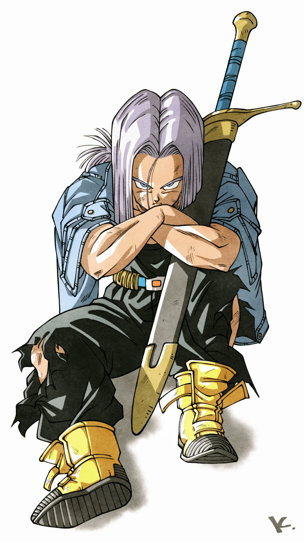 1boy arm_on_knee belt black_pants black_shirt blue_eyes blue_jacket crossed_arms denim denim_jacket dirty dragon_ball dragon_ball_z hair_between_eyes highres holding holding_sword holding_weapon jacket jacket_on_shoulders kakeru_(dbskakeru) looking_at_viewer loose_hair_strand male_focus pants parted_bangs ponytail purple_hair shadow sheath sheathed shirt sitting solo sword toriyama_akira_(style) torn_clothes torn_pants trunks_(dragon_ball) trunks_(future)_(dragon_ball) weapon white_background yellow_footwear