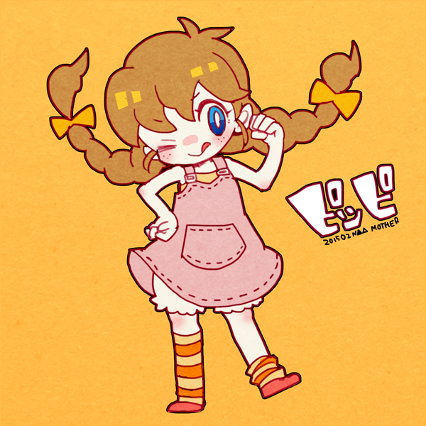 1girl 73_(naa) asymmetrical_legwear bloomers blue_eyes bow bright_pupils brown_hair clenched_hand dress freckles full_body licking_lips mother_(game) mother_1 one_eye_closed orange_background orange_bow pinafore_dress pink_dress pippi_(mother) red_footwear sleeveless sleeveless_dress smile socks solo striped striped_socks tongue tongue_out translation_request white_bloomers white_pupils