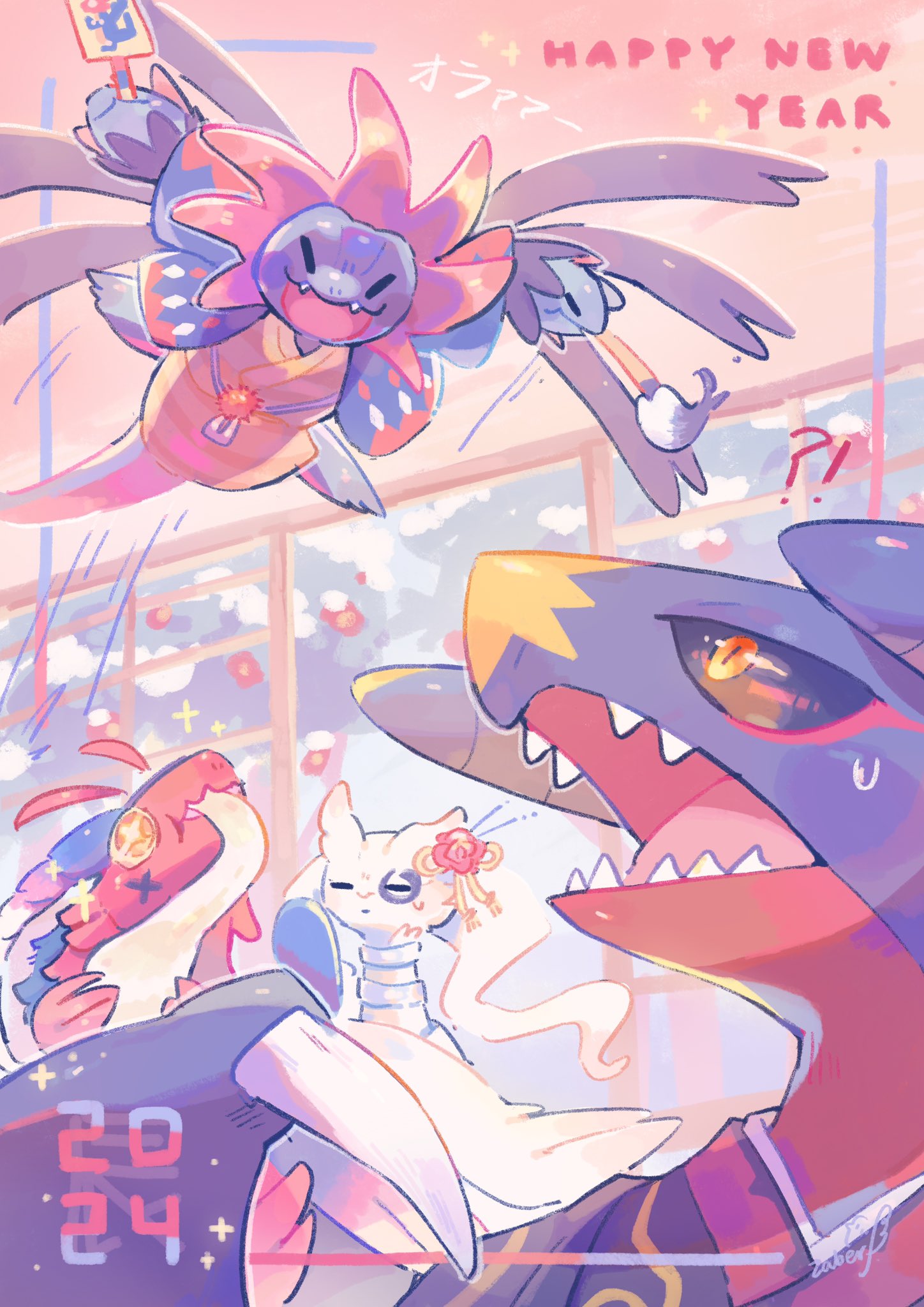 2024 animal_focus artist_name black_sclera claws colored_sclera commentary_request fangs garchomp happy_new_year highres hydreigon indoors koraidon monocle no_humans open_mouth pokemon pokemon_(creature) reshiram sharp_teeth star-shaped_pupils star_(symbol) sweat symbol-shaped_pupils teeth white_fur yellow_eyes zaber_(littlesuzume)
